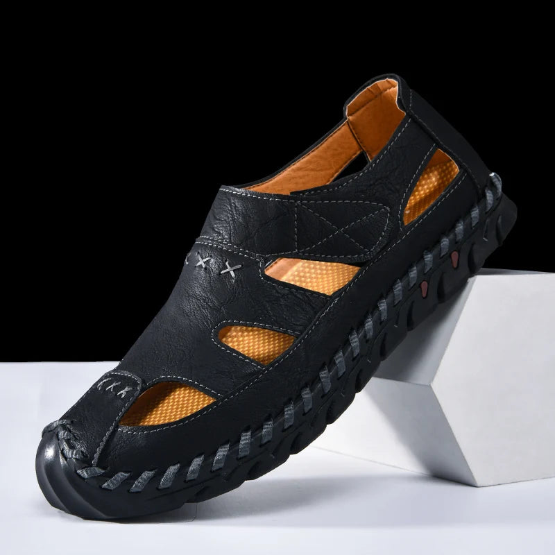 Outdoor Summer Man Sandals Stylish Leather Mens Beach Shoes Outdoor Men  Roman Flats Hollow Out Sandalias New Wading Aqua Shoes