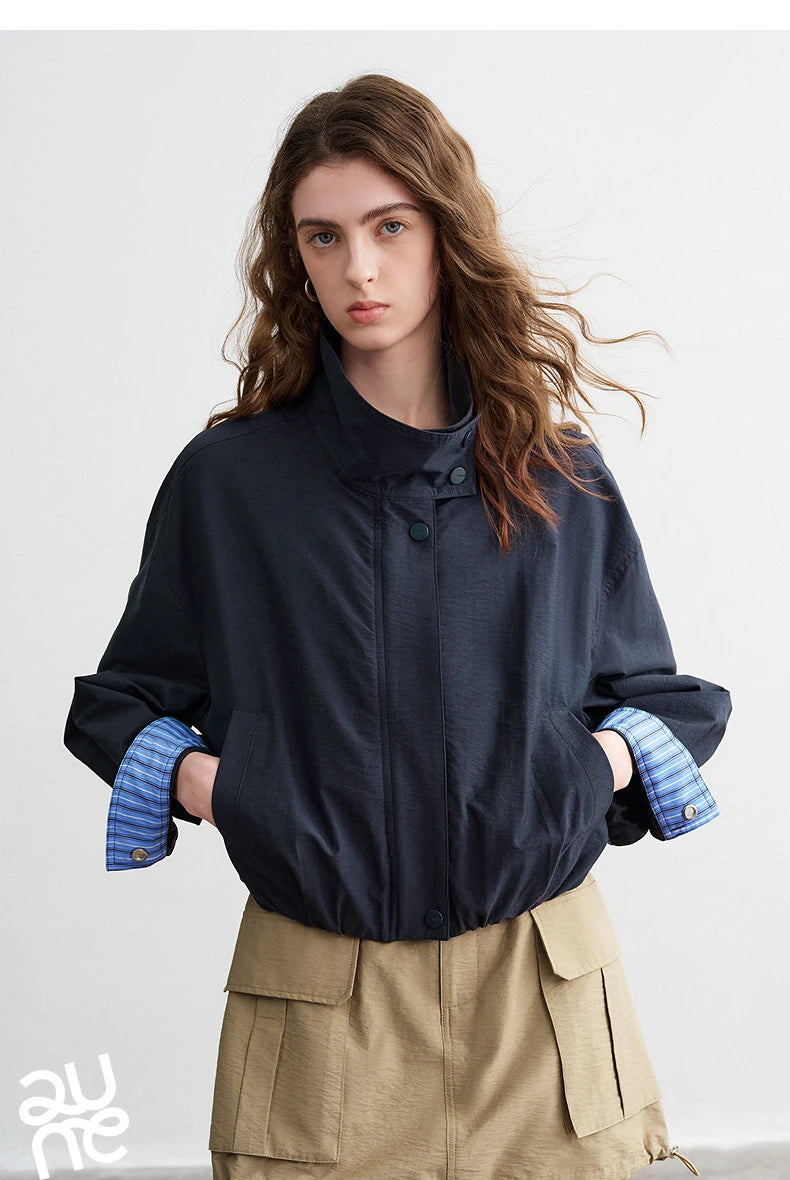 TOYOUTH Women Slub Cotton Jackets 2026 Spring New Cropped Tulip Silhouette Striped Cuff - Turn Up Stand Collar Tops