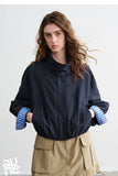 TOYOUTH Women Slub Cotton Jackets 2026 Spring New Cropped Tulip Silhouette Striped Cuff - Turn Up Stand Collar Tops