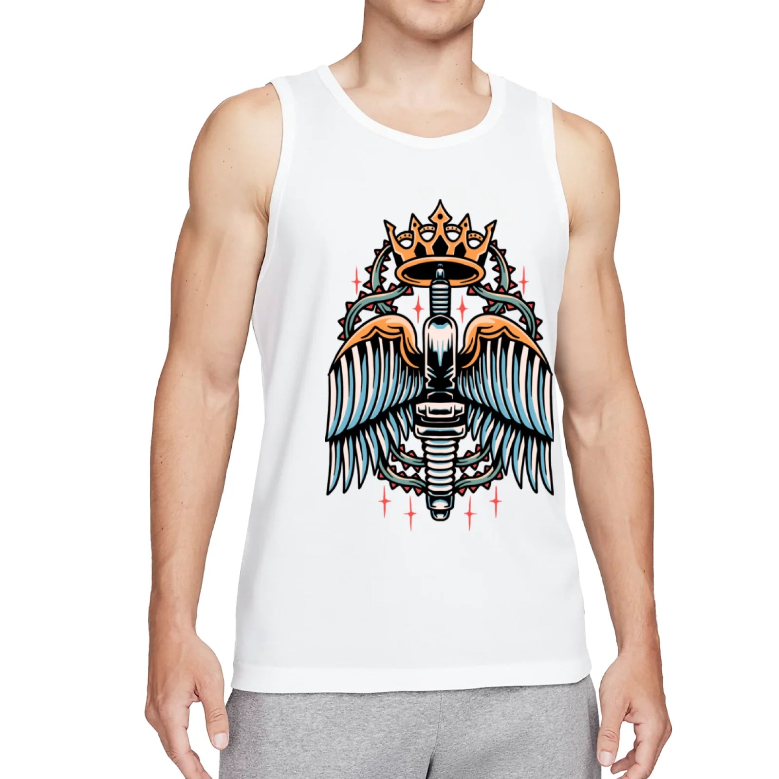 Retro Flaming Praying Hands Tank Top, Vintage Gothic Fire Graphic Sleeveless Tee, Old School Tattoo Style Streetwear Vest for Men