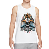 Retro Flaming Praying Hands Tank Top, Vintage Gothic Fire Graphic Sleeveless Tee, Old School Tattoo Style Streetwear Vest for Men