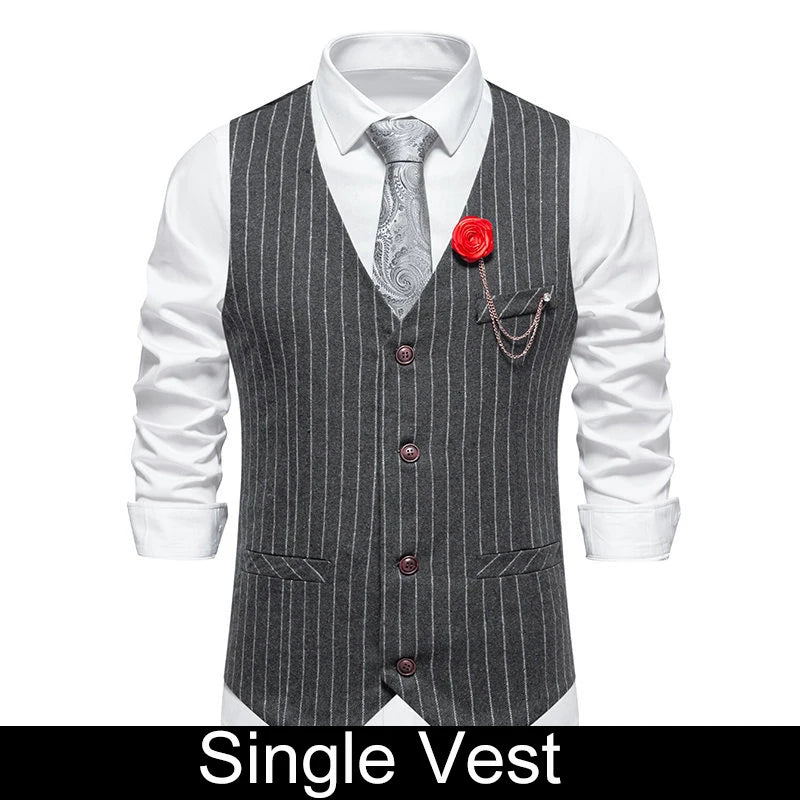 KIDWHXR Men Suit Vest Vintage Striped Single-breasted Man Waistcoats Business Casual Slim Sleeveless Male Party Dress Vests