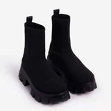 Ankle Boots for Women Comfortable Round Toe Slip On Stretch Soft Chunky Block Heel Knit Platform Boots Punk Dress Sock Boots