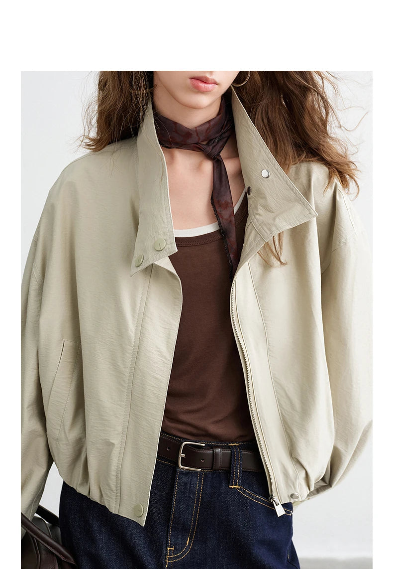 TOYOUTH Women Slub Cotton Jackets 2026 Spring New Cropped Tulip Silhouette Striped Cuff - Turn Up Stand Collar Tops