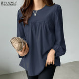 ZANZEA Elegant Solid Blouse Women Long Sleeve O Neck OL Work Shirt Spring Autumn Fashion Tunic Tops Blusas Female Loose Chemise
