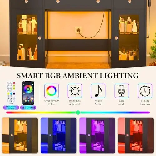 Vanity Desk W/6000-Colors Light&Power Outlet,Makeup Vanity Desk W/LED Mirror and Lights 3 Colors,Transparent GlassTop
