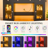 Vanity Desk W/6000-Colors Light&Power Outlet,Makeup Vanity Desk W/LED Mirror and Lights 3 Colors,Transparent GlassTop