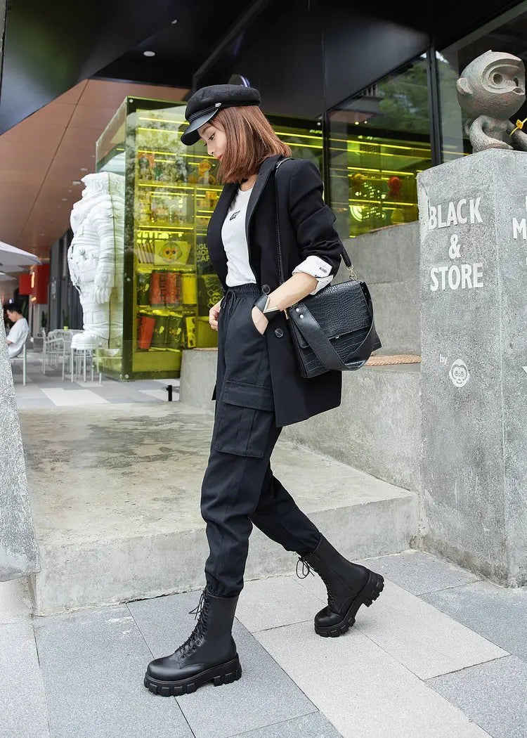 Platform Women's Ankle Boots Autumn 2023 Black White Thick Bottom Motorcycle Botas Mujer Pu Leather Non-Slip Combat Boots Women