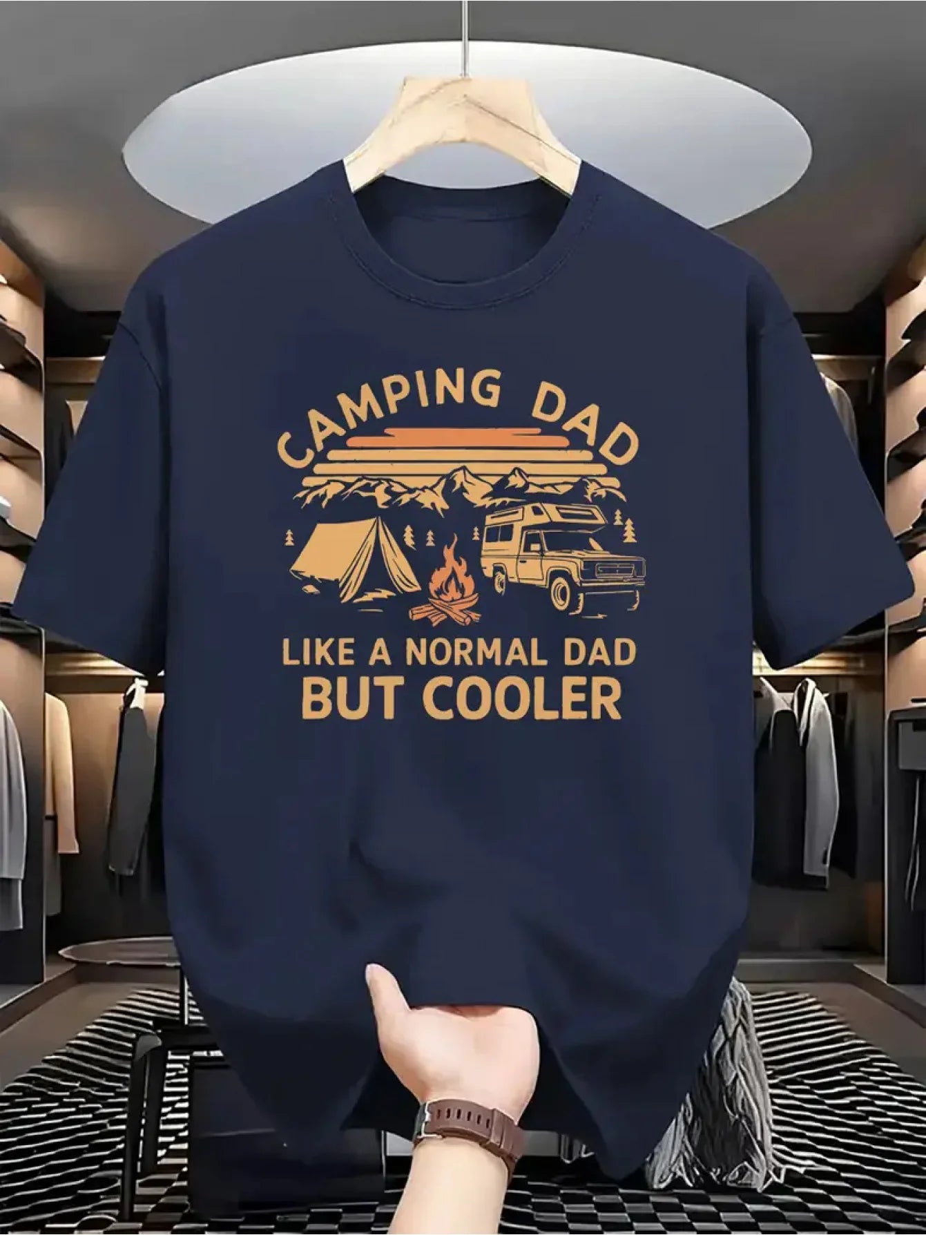 Men's Summer 100% Cotton Casual Fashion Camping Dad Pattern Printed Loose Breathable Round Neck Short Sleeve T-shirt