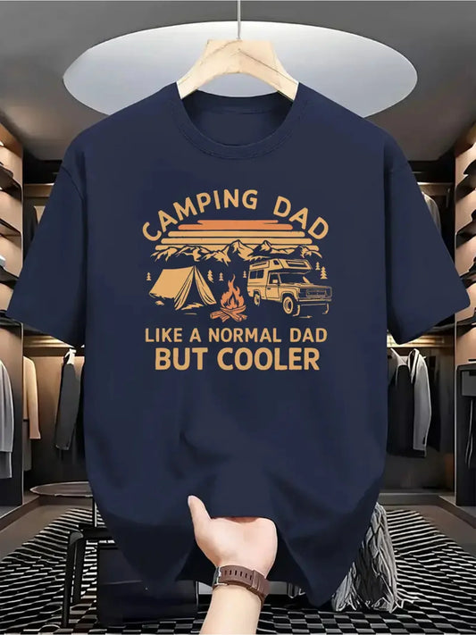Men's Summer 100% Cotton Casual Fashion Camping Dad Pattern Printed Loose Breathable Round Neck Short Sleeve T-shirt