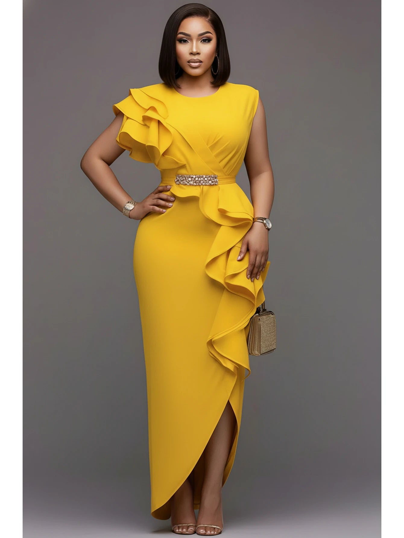 Women's Round Neck Ruffle Decor Split Maxi Bodycon Dress For Wedding Guest Banquet Evening Party Formal Fashion Occasions