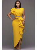 Women's Round Neck Ruffle Decor Split Maxi Bodycon Dress For Wedding Guest Banquet Evening Party Formal Fashion Occasions