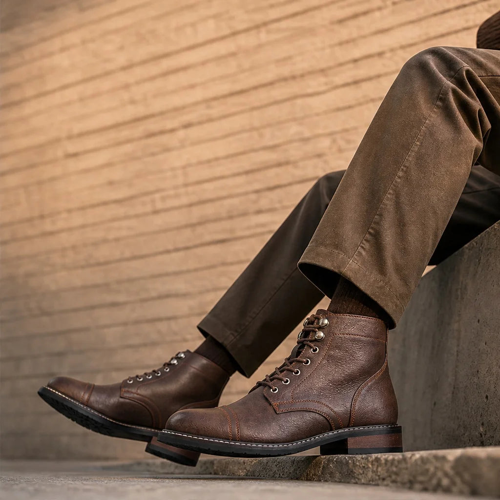 CAPTAIN ANKLE BOOTS Men's Vintage Combat Boots Lace-Up Cap Toe Ankle BOOTS