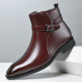 Mens Buckle Strap Ankle Boots Pointed Toe Leather Formal Chelsea Boots Man Business Dress Short Botas for Men High Top Footwear