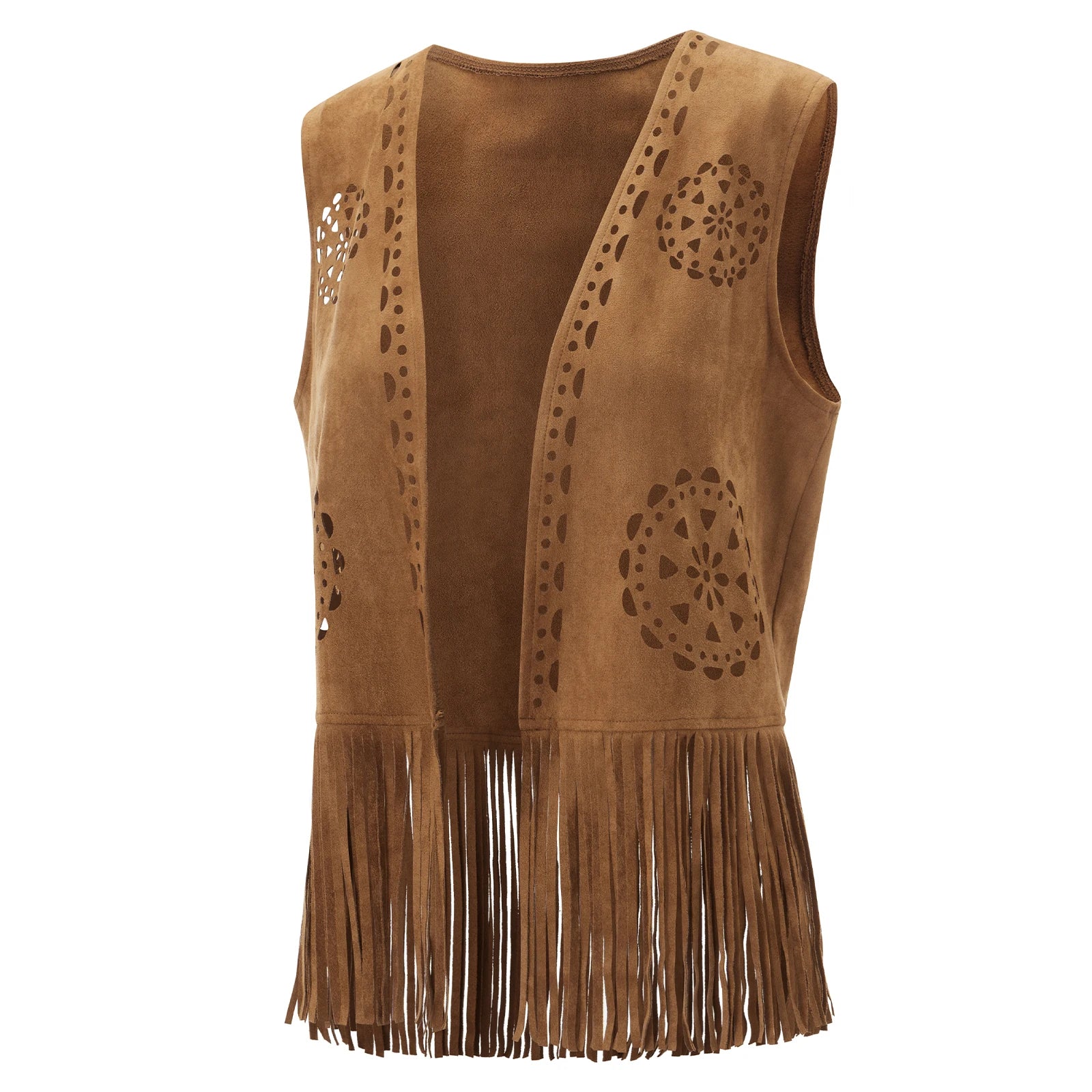 Puloru Fringe Faux Suede Vests Women's Casual Sleeveless Open Front Tassel Hippie Jackets Western Style Streetwear Outwears