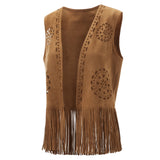 Puloru Fringe Faux Suede Vests Women's Casual Sleeveless Open Front Tassel Hippie Jackets Western Style Streetwear Outwears