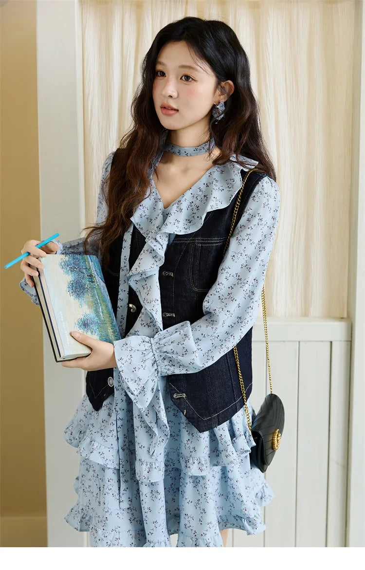 MISHOW Floral Dress for Women Cotton 2026 Spring Blue Luxury V-neck Ruffled Puff Sleeve Dress Party Midi Dress Woman MXE46L2517