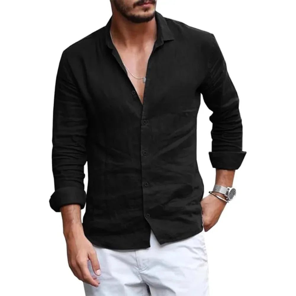 Summer Lightweight Breathable Men Shirt Long Sleeved Cotton and Linen Shirts Men Cardigan Tops Lapel Collar Men Beach Clothing