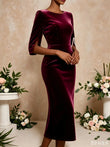 Women Burgundy Velvet Midi Dress Round Neck Pearl Split 3/4 Sleeve Bodycon Pencil Dress Elegant Wedding Guest Evening Party Formal Dresses