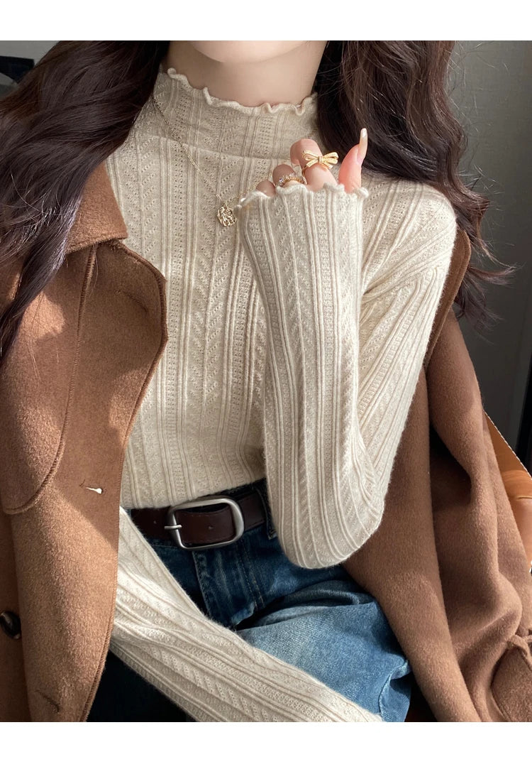 2026 Ruched Turtleneck Women Sweaters Autumn Winter Warm Pullover Slim Tops Knitted Sweater Jumper Soft Pull Female