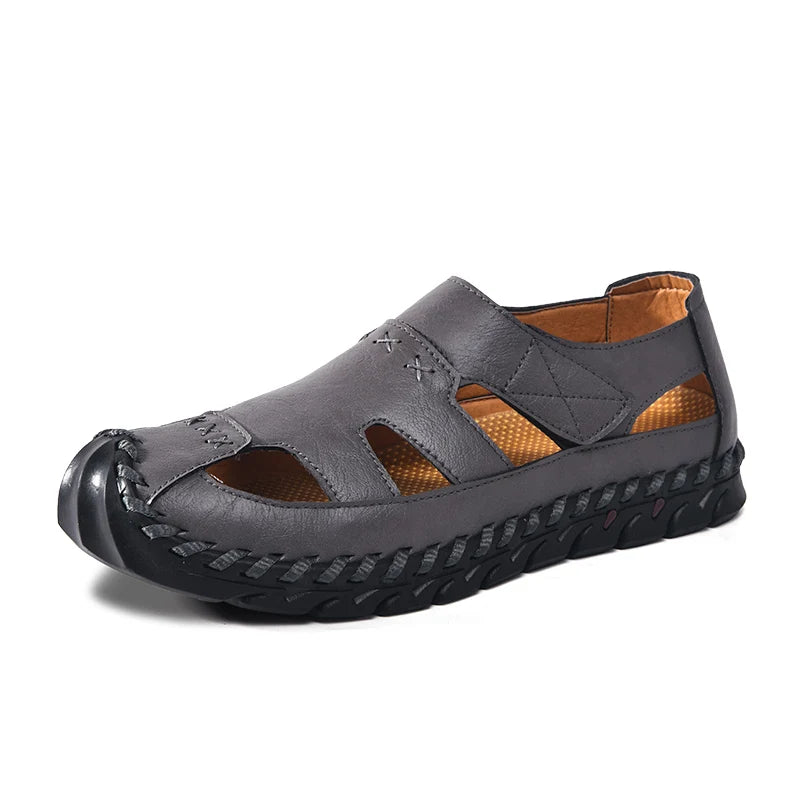 Outdoor Summer Man Sandals Stylish Leather Mens Beach Shoes Outdoor Men  Roman Flats Hollow Out Sandalias New Wading Aqua Shoes