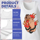 Retro Flaming Praying Hands Tank Top, Vintage Gothic Fire Graphic Sleeveless Tee, Old School Tattoo Style Streetwear Vest for Men