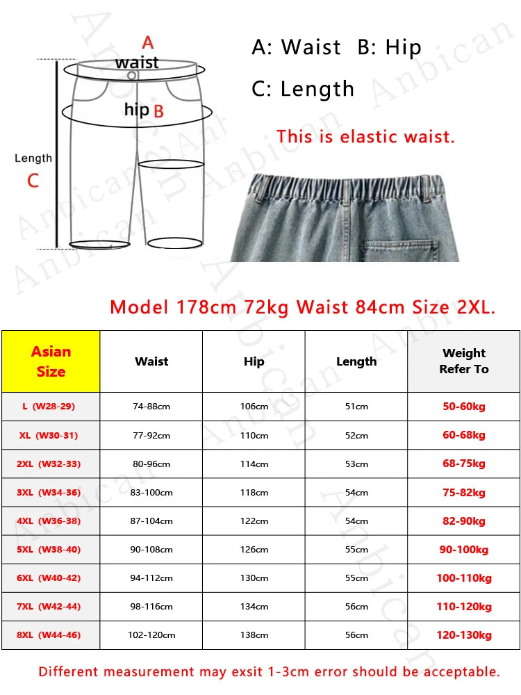 Men's Summer Denim Cargo Shorts Big Size 8XL 7XL 6XL Elastic Waist Straight Baggy Jeans Shorts