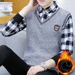 Autumn Winter Plaid Sweaters Polo Collar Pullover Slim Fit Man Clothes Plush Warm Jumpers Thick Fake 2 Piece Polo Shirts