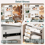 Teousev White LED Makeup Vanity Set with Sliding Mirror, 3-Color Dimmable Lights, 6 Drawers & Stool, Modern Dressing Table