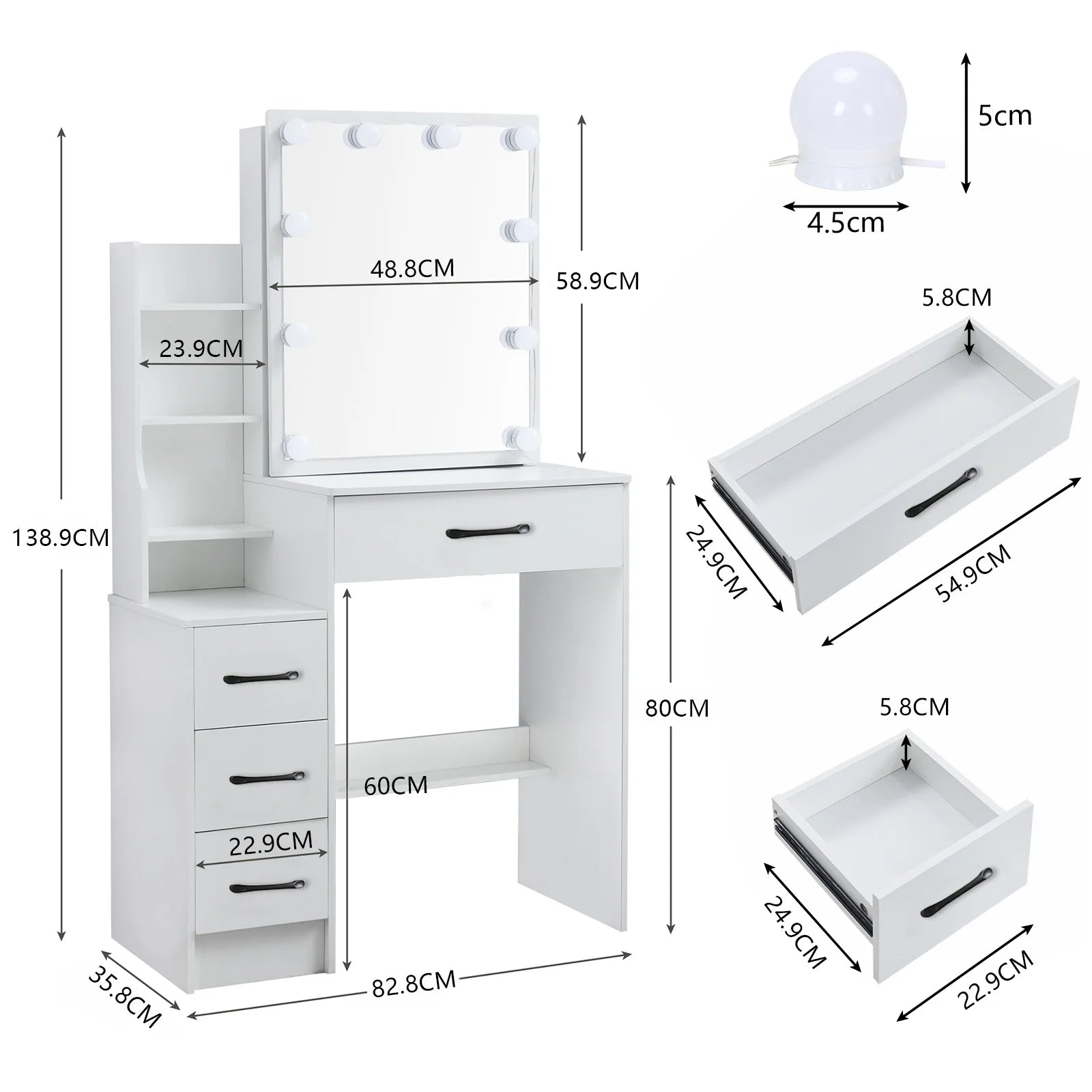 Modern White Dressing Table Stool Set with 3-Color Adjustable LED Light Mirror 4 Drawers For Bedroom Living Room Vanity Table