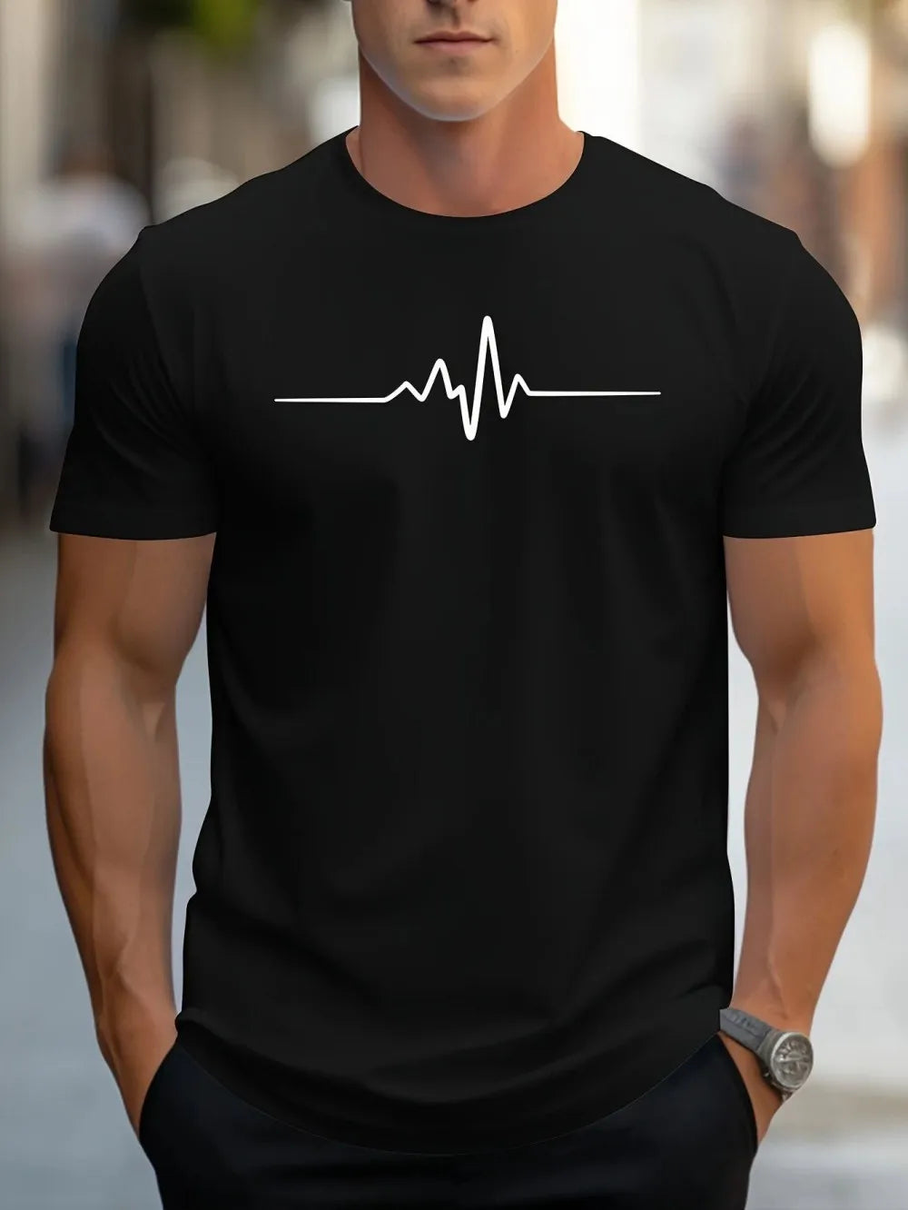 Fashionable men's summer electrocardiogram printed comfortable and breathable round neck T-shirt outdoor casual top