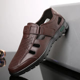 Men's Genuine Leather Sandals Men Summer Hollow Breathable Leather Shoes Mens Casual Soft Comfortable Flats EU Sizes 38-48