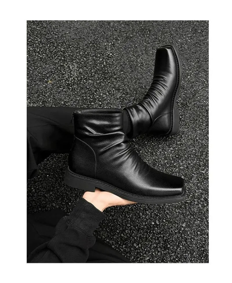 Hot-Selling Leather Boots for Men Fad Square Toe Drape Casual Chelsea Boot British High-end Cool High Top Men Boots Botas Hombre