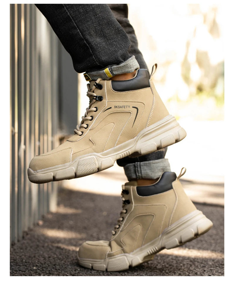 Men's & Women's Brown High-top PU Water Repellent Lightweight Anti-smash Anti-puncture Comfortable Wear Resistant Industrial Construction Work Safety Boots