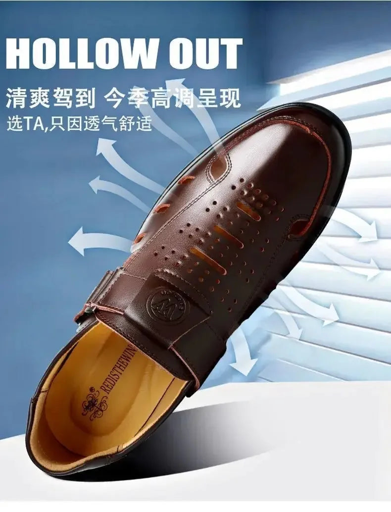Men Genuine Leather Sandals Summer Breathable Casual Shoes for Man Slip on Clogs Outdoor Non Slip Hand Made Sandalias