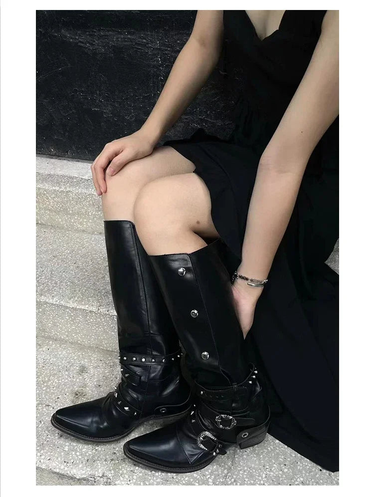 Woman Black Punk Knee High Platform Low Heel Trend Punk Gothic New Rock Leather Fashion Women Chunky Knight Motorcycle Footwear