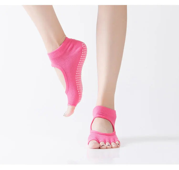 Women Backless Five Toe Yoga Socks Non-Slip Cotton Ladies Dance Ballet Socks Open Half Breathable Fitness Sport Sock for Pilates