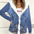 Plus size women's butterfly embroidery print hooded faux denim jacket; horn button patchwork sweatshirt with faux denim sleeves jacket
