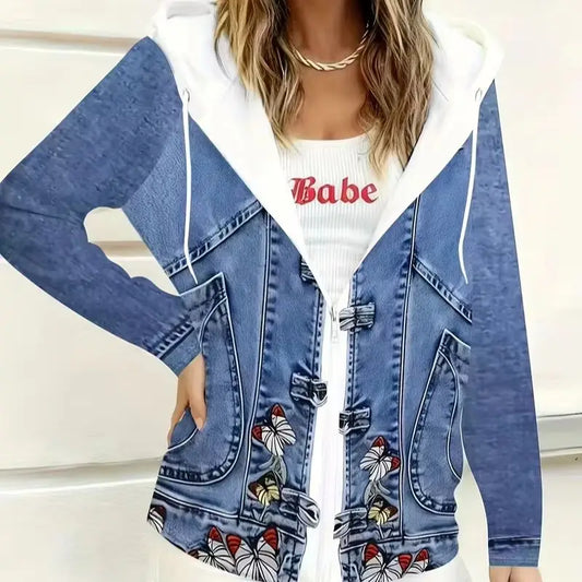 Plus size women's butterfly embroidery print hooded faux denim jacket; horn button patchwork sweatshirt with faux denim sleeves jacket
