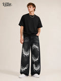 UP.THE Men Black Faded Baggy Wide Leg Jeans, Y2K Oversized Loose White Centipede Skeleton Print Denim Pants, Gothic Grunge Streetwear Trousers for Daily Outfits