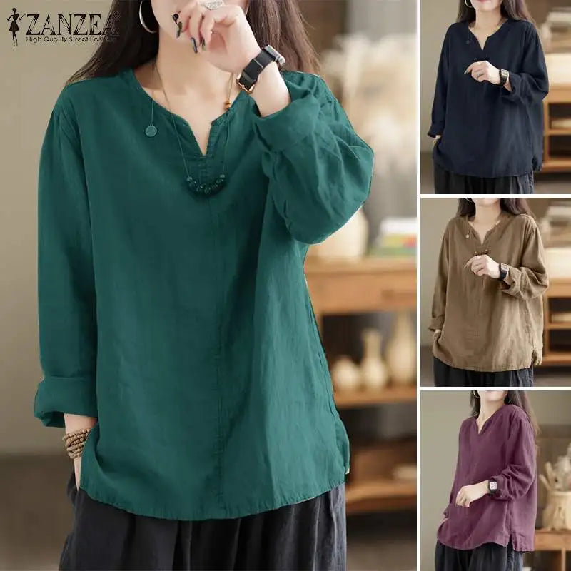 Vintage Women Blouse Autumn Long Sleeve Shirt Female V Neck Work Holiday Blusas ZANZEA Casual Solid Loose Shirt Cotton Chemise
