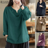 Vintage Women Blouse Autumn Long Sleeve Shirt Female V Neck Work Holiday Blusas ZANZEA Casual Solid Loose Shirt Cotton Chemise