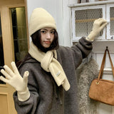 Solid Color Touch Screen Gloves Women Korean Autumn Winter Warm Knitted Three-piece Set Scarves Gloves Hat Women's Glove Sets