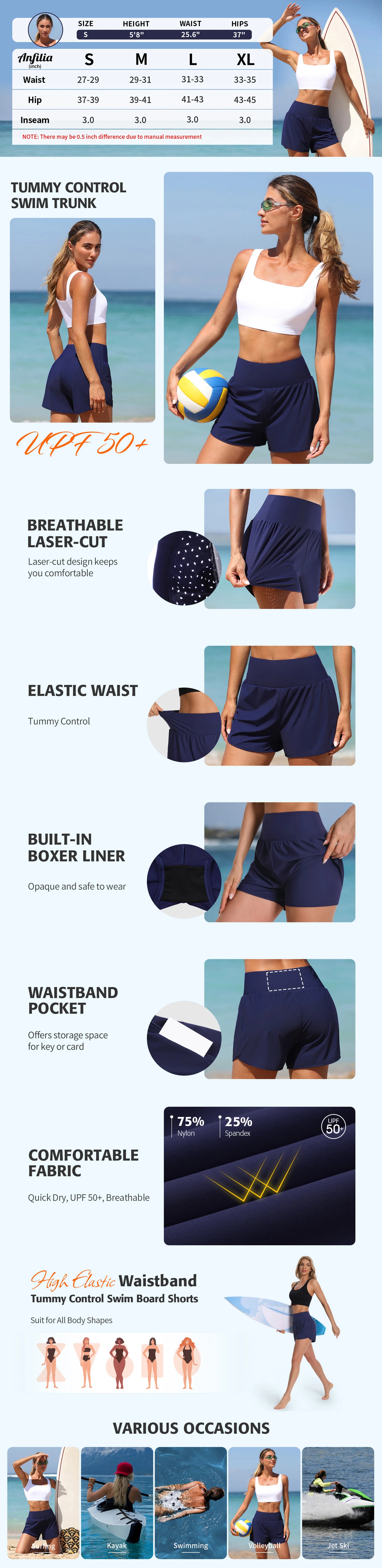 Anfilia 3" Women High Waisted Swim Board Shorts UPF 50+ Quick Dry Swim Trunks with Liner