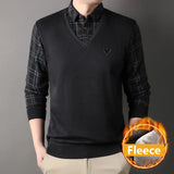 Mens Thick Sweater Pullover Fleece Lined Fake Two Piece Knitwear Fashion Casual Business Pullovers