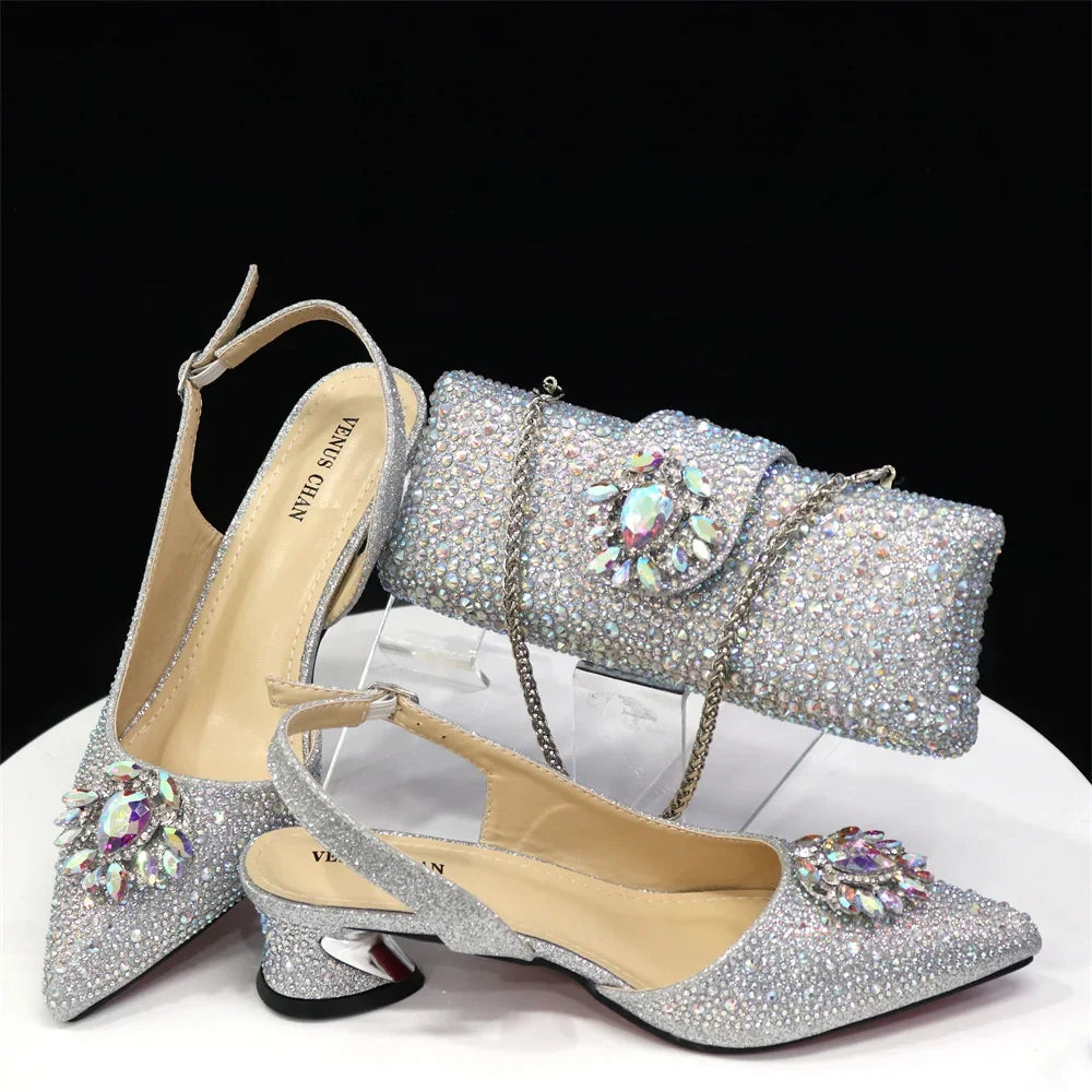 Venus Chan Royal Blue Sandals for Women 2024 Luxury Wedding Pumps Med Heels Rhinestone Design Party Shoes and Bags Set