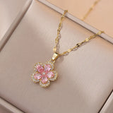 Bridal Pink Zircon Cherry Flower Stud Earrings and Pendants Stainless Steel Chains Necklaces For Women Luxury Jewelry Sets Gift