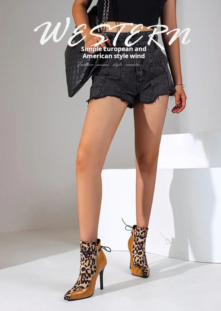 Large Size 34-48 Suede Leather Patchwork Women's Leather Boots Sexy Leopard Print Lace Fashionable Personalized Women's Boots