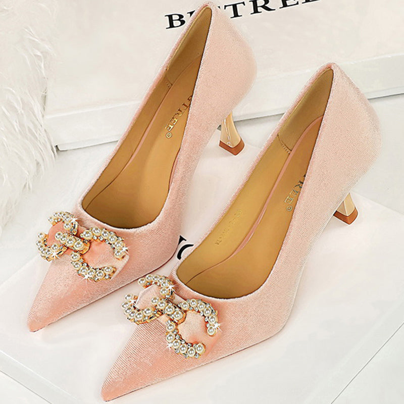 Luxury Women 7cm High Heels Wedding Replica Pumps Lady Luxury Designer Metal Chain Buckle High Heels Stiletto Women Dress Shoes