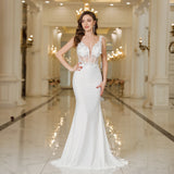MisShow Elegant Straps White Mermaid Wedding Dresses Lace Pearls Backless V Neck Sleeveless Formal Party Gowns Vestido Marriee